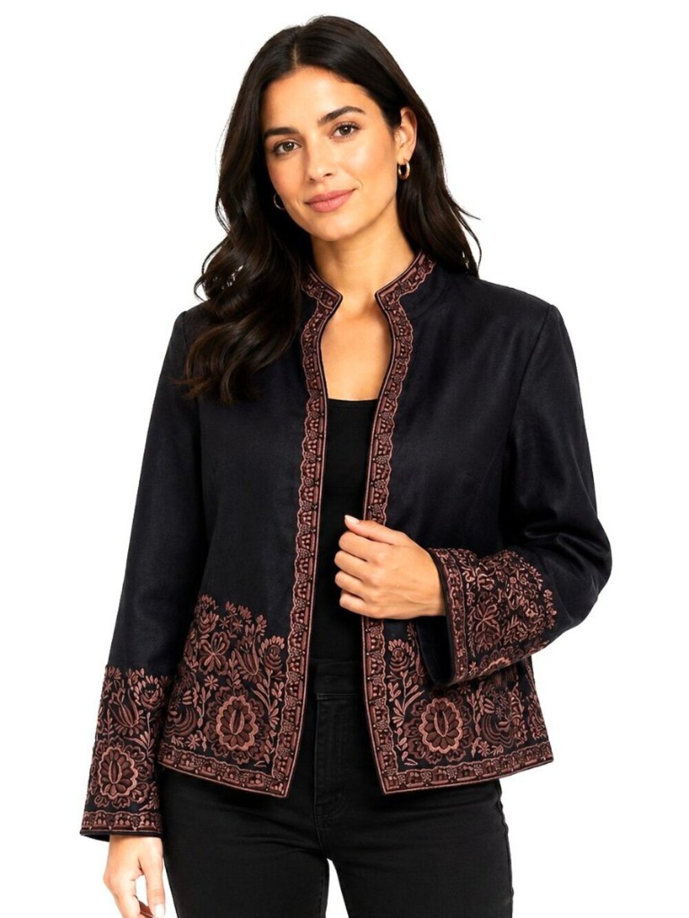 Coldwater Creek Black Brown Embroidered Border Jacket NWT
